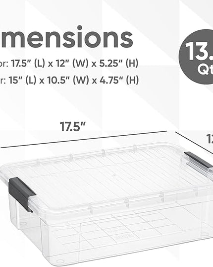 Superio 6 Pack Clear Plastic Storage Container with Lid Home - 13.7 Qt, Office Organizer Storage Bin, Stackable, For Closet, Under the Bed, or Locker, Use for Clothes, Food, Toys, Supplies, Linen.