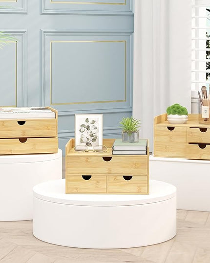 Wisuce Bamboo Desk Organizer - Mini Bamboo Desk Drawer Tabletop Cosmetic Storage Organization for Office or Home (Nature 3 Drawers)