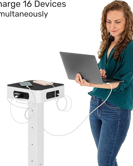PowerPro Rolling Charging Station Tower | Portable Charger with 8 USB Ports & 8 AC Outlets | Multi-Device Charging for Schools, Offices & Events | Mobile Design, No Assembly Required (White)
