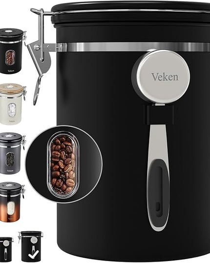Veken Large Coffee Canister with Window, Rice Kitchen Food Storage Airtight Stainless Steel Container with Lids, Date Tracker and Scoop, Grounds, Beans, Tea, Flour, Cereal, Sugar Jars, 38oz, Black