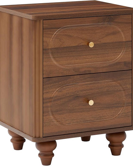 ORRD 2 Drawer Fluted Mini Small Dresser for Bedroom Set of 2, Mid Century Modern Nightstand Bedside End Table, Wood Storage Dresser Organizer for Bedroom Living Room, Walnut