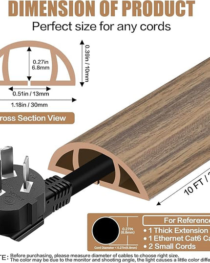 Floor Cord Cover Self Adhesive Cord Hider,10FT Cable Management, Extension Strip Protector for Wires, Prevent Cable Trips for Offices, Gyms, Exhibitions Cavity:0.39"(W) x0.27(H) Woodsmokedbrown