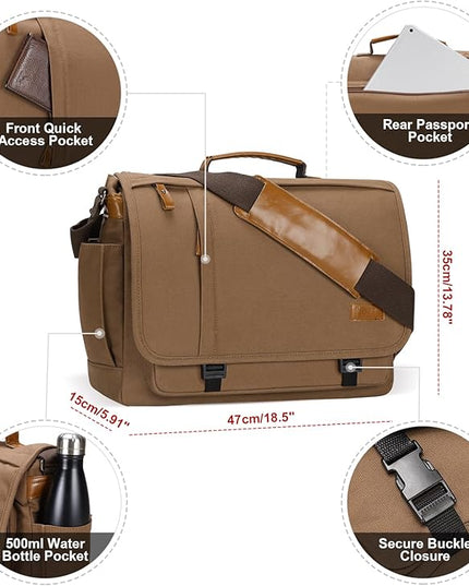 ESTARER Messenger Bag 17-17.3 Inch, Men's Computer Bag Water-resistant Canvas, Laptop Shoulder Bag for Travel Work College, Brown