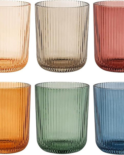 Drinking Glasses, Colored Highball Glasses Set of 6, Ribbed Glassware Glass Cups, Water Glasses for Juice, Iced Coffee Cups, Cocktail Glasses - Christmas Gifts - 8.5 oz