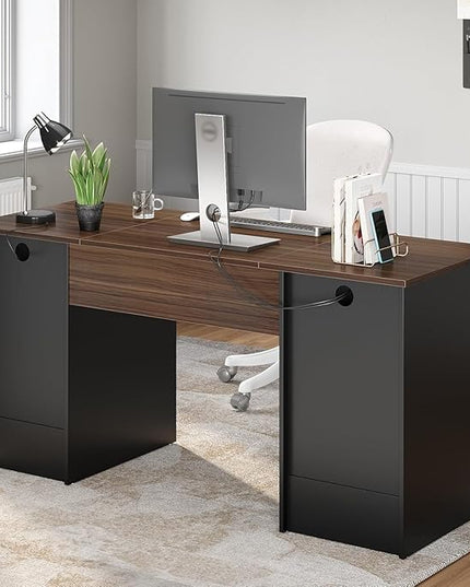 Bestier 59” Computer Desk with 4 Drawers, Office Desk with Storage, Industrial Executive Desk with File Drawer, Keyboard Tray & 2 Pedestals for Home Office & Studio, Cherry