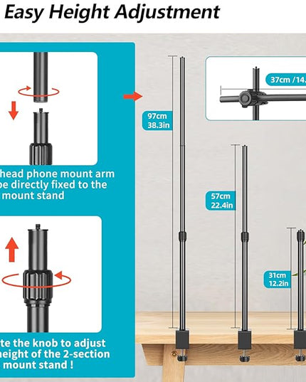 Camera Desk Mount Webcam Stand with Overhead Articulating Magic Boom Arm 1/4" Ball Head for DSLR Tripod, Adjustable Light Stand, Tabletop C Clamp for Ring Light Photo Video Shooting Live Streaming