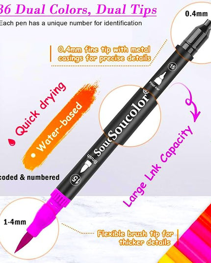 Soucolor Art Brush Markers Pens for Adult Coloring Books, 36 Colors Numbered Dual Tip (Brush and Fine Point) Marker Pen for Note taking Planner Hand Lettering Calligraphy Drawing Journaling