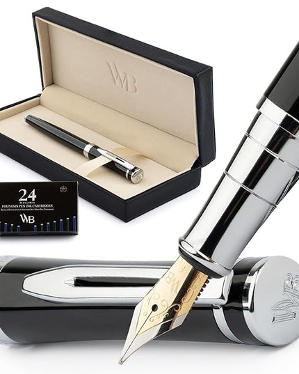Wordsworth & Black Fountain Pen Set, Fine Nib, Includes 24 Pack Ink Cartridges, Ink Refill Converter & Gift Box, Chrome Finish, Calligraphy, [Black Chrome], Perfect for Men & Women