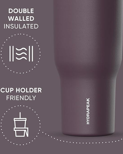 Hydrapeak Voyager 40 Oz Stainless Steel Tumbler with Handle, Insulated Water Bottle With Straw & Lid, Cupholder Friendly Reusable Travel Mug (Midnight Plum)