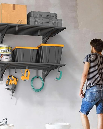 2-Pack 2x3ft Garage Shelving Wall Mounted, 2' x 3' Heavy Duty Garage Storage Shelves with Hooks, 400LB Capacity