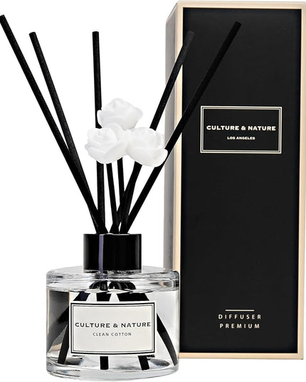 CULTURE & NATURE Reed Diffuser Set 4oz (120ml) Clean Cotton Scented Diffuser with Sticks Home Fragrance Reed Diffuser for Bathroom Shelf Decor