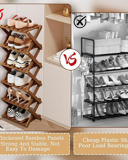 Comeon Bamboo Shoe Rack, Foldable Vertical Shoe Rack for Front Door Entrance Narrow Shoe Organizer Small Shoe Shelf for Entryway Shoe Storage Closet Multi-Tier (Brown Colors,6 Layers)