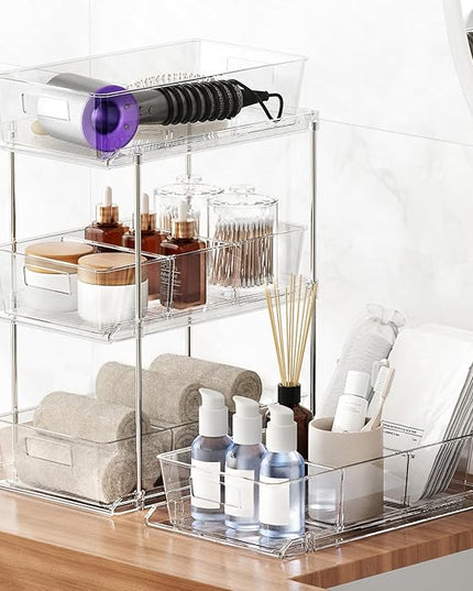 Pull-Out Home Organizer, 2 Pack 2 Tier Clear Bathroom Organizer with Dividers, Multipurpose Vanity Counter Tray, Kitchen, Closet Organizers, Cabinet & Storage Container Bins