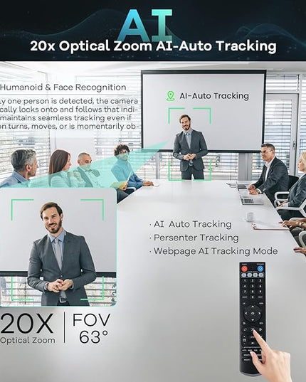 TONGVEO 4K PTZ Conference Room Camera System AI Auto-Tracking 20x Zoom 4K PTZ Camera USB3.0 HDMI LAN outputs and Bluetooth Speakerphone with Microphone for Large Remote Meeting