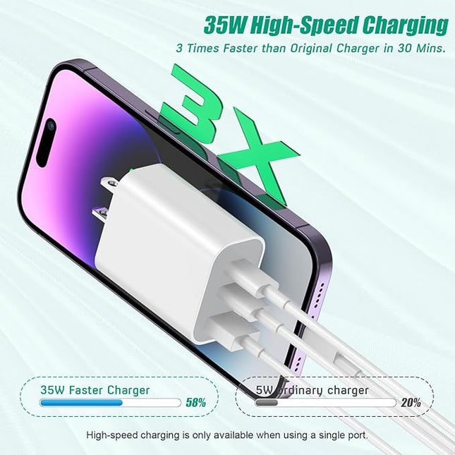 [3Pack] iPhone 17 16 15 Fast Charger Block 35W 3-Port Fast USB C Charger Block Multiport Double Port PD+QC Wall Plug Compatible with iPhone 17/17 Pro/16 ProMax/16 Plus/iPhone 15/15Pro/15 ProMax/14/13