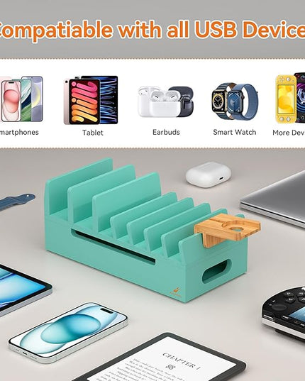 Pezin & Hulin Bamboo Charging Station with Watch Stand, Docking Holder for Multi Device with 5 Charge Cables, Desktop Dock Stations Electronic Organizer for Cellphone, Tablet, Watch-Teal