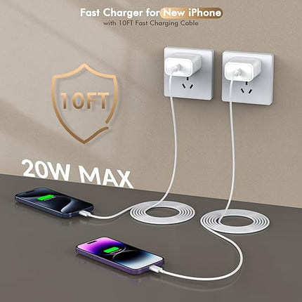 10FT Fast Charging for iPhone 16 15 Charger,2Pack 20W USBC Wall Charger Travel Plug Block Long 10Foot iPhone 16 15 Charging Cable for iPhone 16/16 Pro/15/15 Plus/15 Pro/15 Pro Max/iPad Mini 6/iPad Air