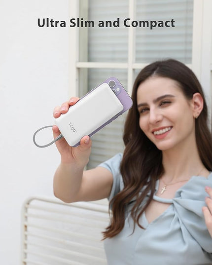 TG90° 10000mAh Power Bank Built-in Cables(No Plug), Pocket Size USB C Portable Charger, 3A Fast Charging External Battery Pack, Travel Essential Phone Powerbank Compatible with iPhone Samsung iPad