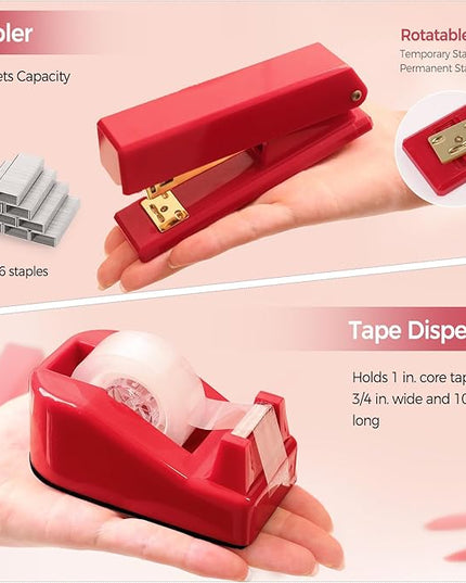 SKYDUE Red Office Supplies Set, Desk Accessories, Stapler, Tape Dispenser, Scissors, Binder/Paper Clips and 1000pcs Staples, Office Decor for Women