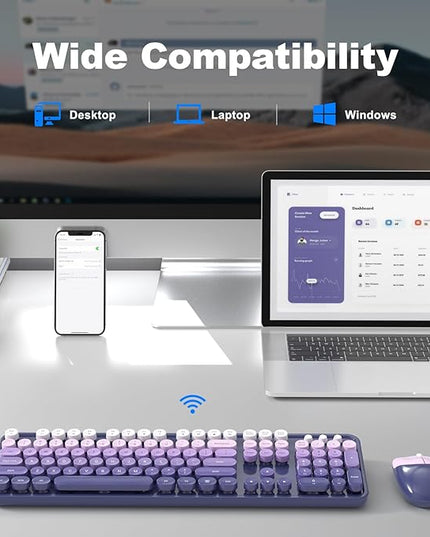 MOFII Wireless Keyboard and Mouse Combo, Full Size 2.4G Plug and Play Typewriter Retro Round Computer Keyboard and Mouse Set for Windows, Computer, Desktop, PC, Notebook - (Purple Gradient)