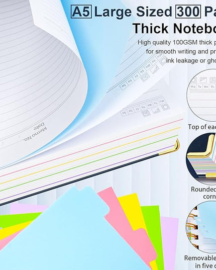 Hardcover Spiral Notebook 6.2"x 8.2" Journal Notebook with Tabs and Removable Dividers 300 Pages 5 Subject Notebook College Ruled, Faux Leather Spiral Bound Notebook for Women School Work(Dark Blue)