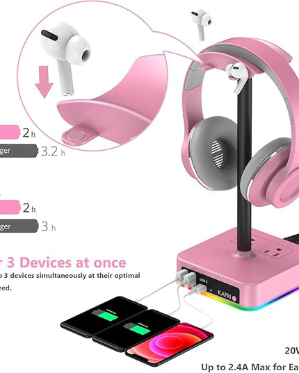 KAFRI RGB Headphone Stand with USB Charger Desk Gaming Headset Holder Hanger Rack with 3 USB Charging Port and 2 Outlet - Suitable for Gamer Desktop Table Game Earphone Accessories Girlfriend Gift