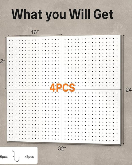 Metal Pegboard,4Pcs Peg Board Panels(12x16 inch) Wall Organizer with 8 Pieces Hooks,White Pegboard Panels Garage Tool Organizer with Screw for Entryway,Craft Room,Workbench
