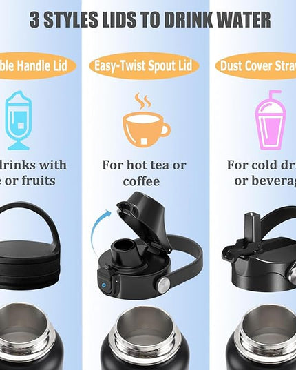 Water Bottle Insulated 32oz 40oz 64oz 128oz Straw Lid Spout Lid & 3 Lids, Leak Proof, Vacuum Insulated,Stainless Steel Water Bottle Wide Mouth for Sports, Gym or Office