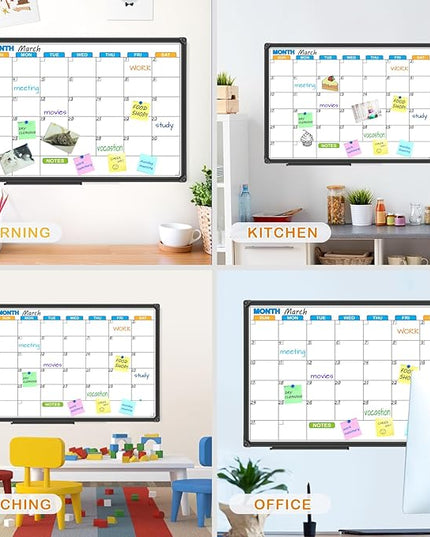 JILoffice Dry Erase Calendar Whiteboard - Magnetic White Board Calendar Monthly 24 X 18 Inch, Black Aluminium Frame Wall Mounted Board for Office Home and School
