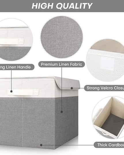 Large 17" 42 Quarts Collapsible Stackable Storage Bins with Lids [3-Pack] Foldable Fabric Linen Storage Boxes Cube, Closet Organizer Baskets with Label (16.7 x 12 x 12, Gray & White)