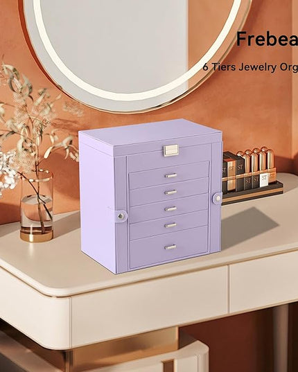 Frebeauty Large Jewelry Box,6-Tier PU Leather Jewelry Organizer,Multi-functional Storage Case with Mirror,Accessories Holder with 5 Drawers for Necklace Bracelets Watches（Purple）
