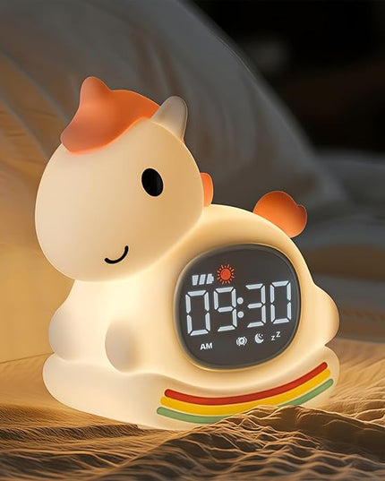 Cute Alarm Clock for Kids with Night Light, Sleep Training Clock Time to Wake Clock, Rechargeable Silicone Light for Bedroom, Perfect Sleep Companion for Boys Girls, Pink Pony