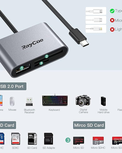 RayCue USB C SD Card Reader Adapter, Type C Micro SD TF Card Reader Adapter, 3 in-1 USB C to USB Camera Memory Card Reader Adapter for iPhone 15,New Pad Pro MacBook Pro/Air, and More UBC C Devices