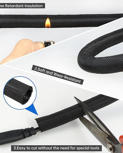 YOUBO Split Braided Cable Sleeve，Flexible Wire Loom Tubing, Automotive Cord Protector Pet Proof, Cable Management for Computer TV Electric Wires Harness 16ft (Black, 10mm（3/8")