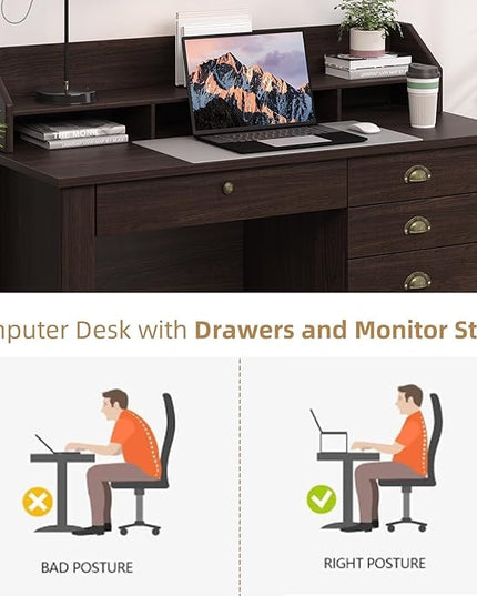 4 EVER WINNER Small Desk with Drawers, Office Desk with File Drawer and Monitor Stand, Writing Desk Study Table for Small Spaces, Espresso