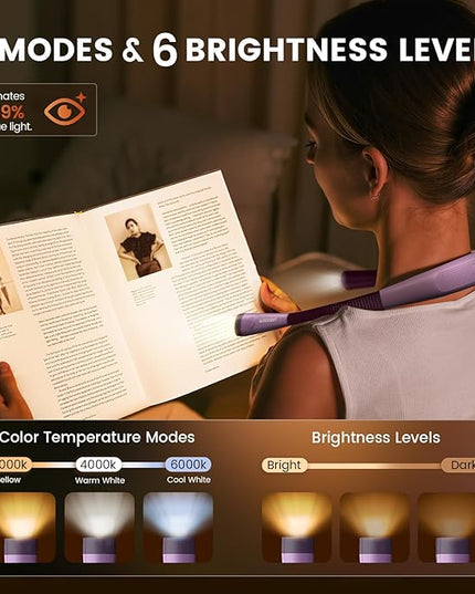 Glocusent Book Light, 3-Color & 6-Brightness Reading Light, Bendable Neck Light, 80-hr Lasting Rechargeable Book Light, Perfect Reading Lights for Books in Bed, Knitting, Repairing, Book Lovers Gifts
