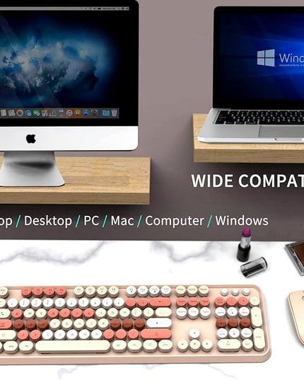 FOPETT Keyboard and Mouse Sets Wireless,Reliable 2.4 GHz Connectivity for PC,Laptop,Smart TV and More (Milk Tea Color)