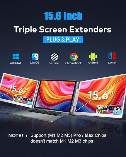 FQQ 15.6" Laptop Screen Extender, Left Screen 360° Flip Triple Screen Monitor Extender, FHD 1080P IPS Portable Travel Monitor Display, fit for 12–18.5" Laptops, Compatible with Windows and MacBook-S10