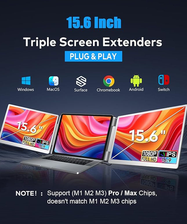 FQQ 15.6" Laptop Screen Extender, Left Screen 360° Flip Triple Screen Monitor Extender, FHD 1080P IPS Portable Travel Monitor Display, fit for 12–18.5" Laptops, Compatible with Windows and MacBook-S10