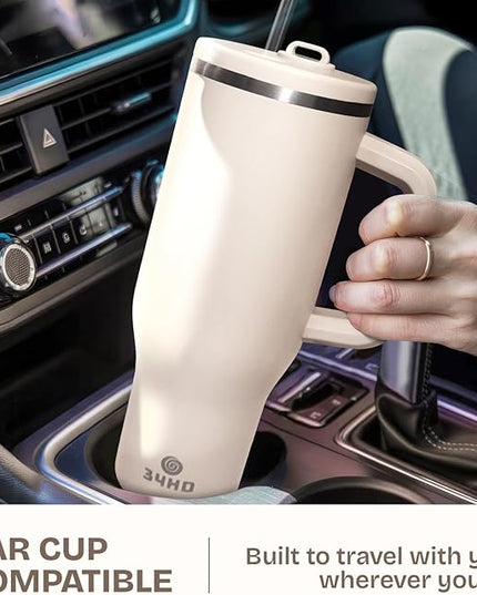 34HD 40 oz Stainless Steel Tumbler - Leakproof Insulated Water Bottle with Handle, Magnetic Lid and Flexible Straw - Iced for 48 Hours – Perfect for Men, Women, Birthday Gift, White - Vanilla Cloud