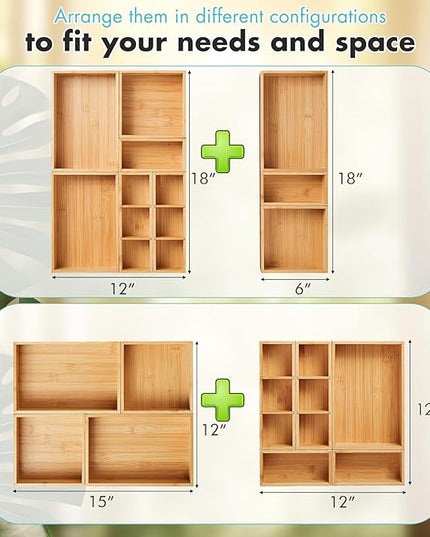 Fabsome Drawer Organizer, Set of 9 Bamboo Wood Kitchen Makeup Desk Junk Tea Drawer Storage Boxes Bins for Cutlery Silverware Utensils Flatware, Small Wooden Container Tray for Bathroom, Office