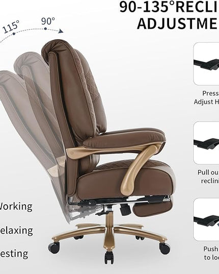 Big and Tall Executive Office Chair with Footrest, 400LBS Capacity Ergonomic High-Back Desk Office Chair with Lumbar Support, Padded Armrests & Thick Cushion, Brown PU Leather Chairs