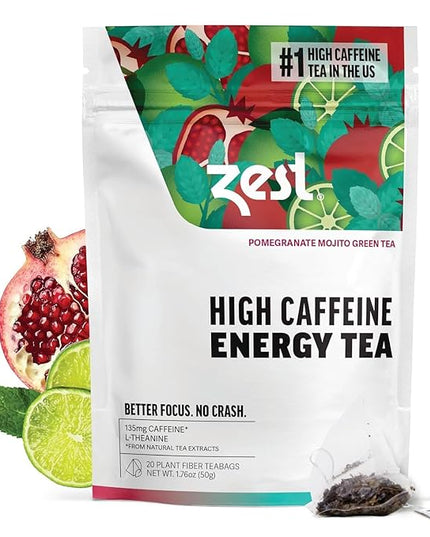 Zest Energy Green Tea – Pomegranate Mojito High Caffeine Tea Bags for Focus & Morning Energy – Natural Caffeinated Tea with 135mg Caffeine – Coffee Substitute – 20Ct Pack, Non-GMO & Keto Friendly