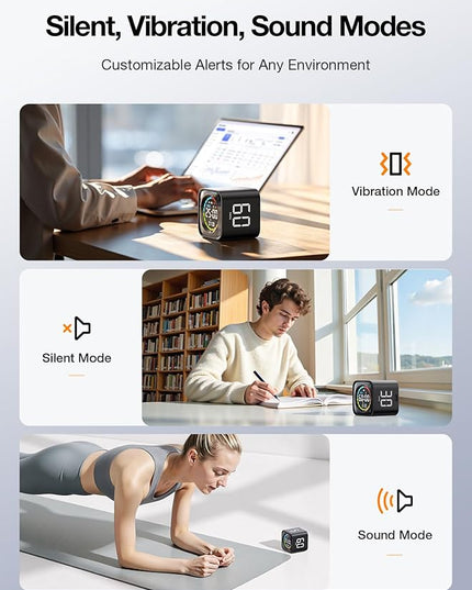 TK3 Pomodoro Timer Cube, Desk Productivity Timer with 5/10/30/60 Min Presets, Custom Countdown, Stopwatch, Clock, 3 Alarm, Silent, Vibrate & Sound Mode, for Task, ADHD, Study, Kitchen (Obsidian Black)