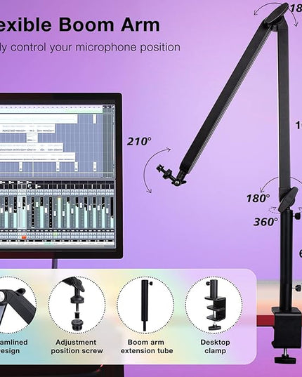 Boom Arm with RGB Light - Mic Arm for HyperX QuadCast, Blue Yeti, Shure SM7B, Rode and Most Gaming Mic, Height adjustable Mic Boom Arm Microphone Arm, Desk Mic Stand for Most USB Microphone By SUNMON