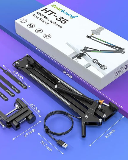 ZealSound RGB Microphone Arm Stand,Mic Arm with RGB Light for QuadCast/Blue Yeti/Snowball/Shure SM7B/Rode NT1/Elgato,Rotatable Suspension Boom Scissor Stand for Gaming Streaming Podcasting YouTube