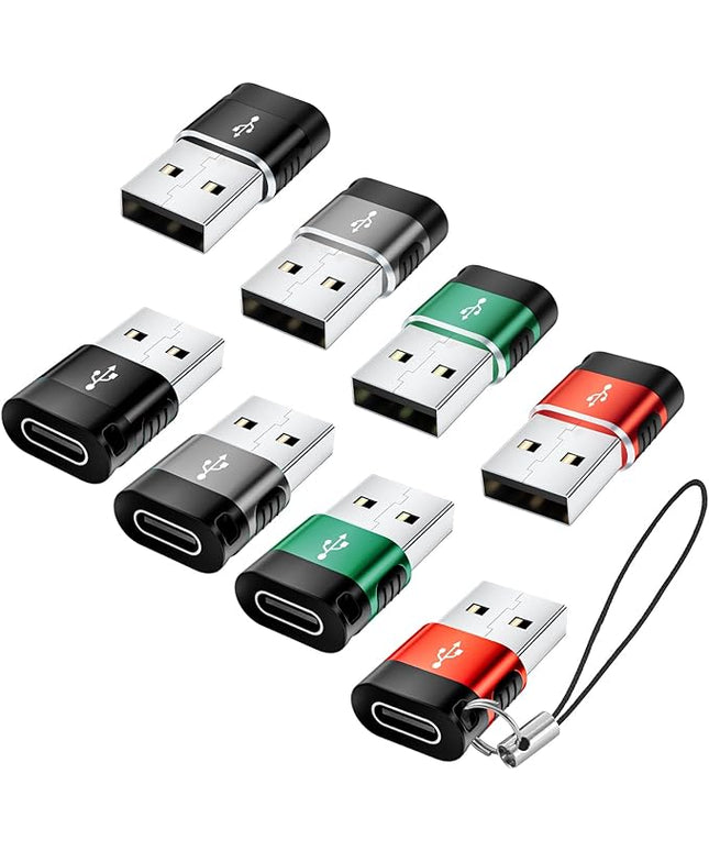 USB to USB C Adapte Multi Color 8-Pack,USBC Female USBA Male Adapter,USB-A Charger Type-C Cable Converter for iPhone 17 16 15 14 Plus Pro Max,iPad Pro Air 4 Mini 6,Samsung S25 S24 S23