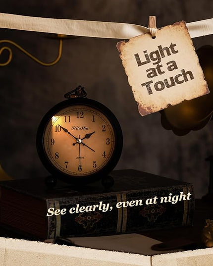 Hdisha Vintage Alarm Clock, 5 inch Battery Operated Silent Non Ticking Snooze Small Clock with Night Light, Old Fashioned Desk Clock Decor for Bedroom, Bedside, Living Room, Room (Arabic)