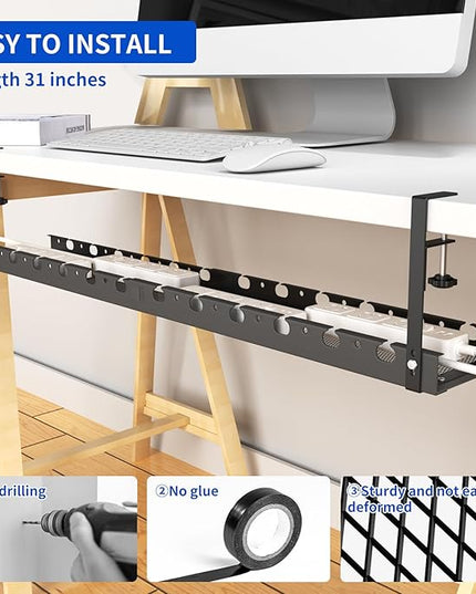 31Inch Extendable Under Desk Cable Management Tray Multi-Model Metal Cable Management Tray Under Desk Cord Management with Clamp Power Strip Cord Holder for Wire Cable Management, Black