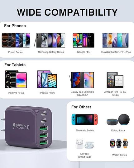 60W 2-Pack USB C Wall Charger Block, 5-Port C Charger Fast Charging Block PD Power Adapter +QC 3.0 Multiport Type C Box Brick Cube USB A Wall Plug for iPhone 14/15/16/17 Pro Max,Samsung Galaxy(Purple)